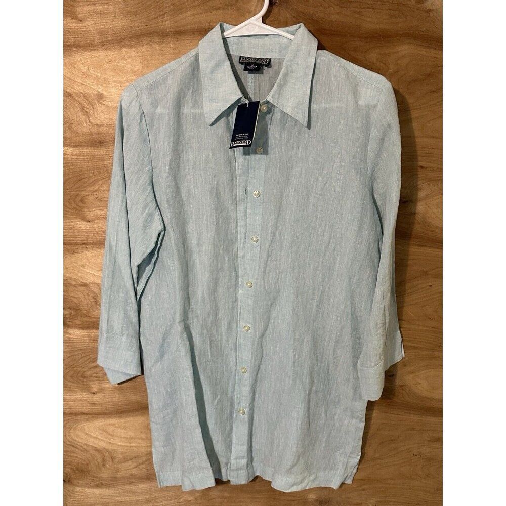 NWT Lands End Top Shirt Womens Sz 10 blue Linen Button Front 3/4 Sleeve